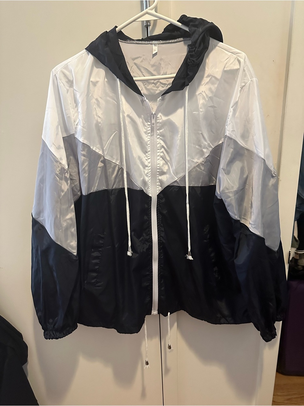 SHEIN Black and White Colorblock Hooded Windbreaker